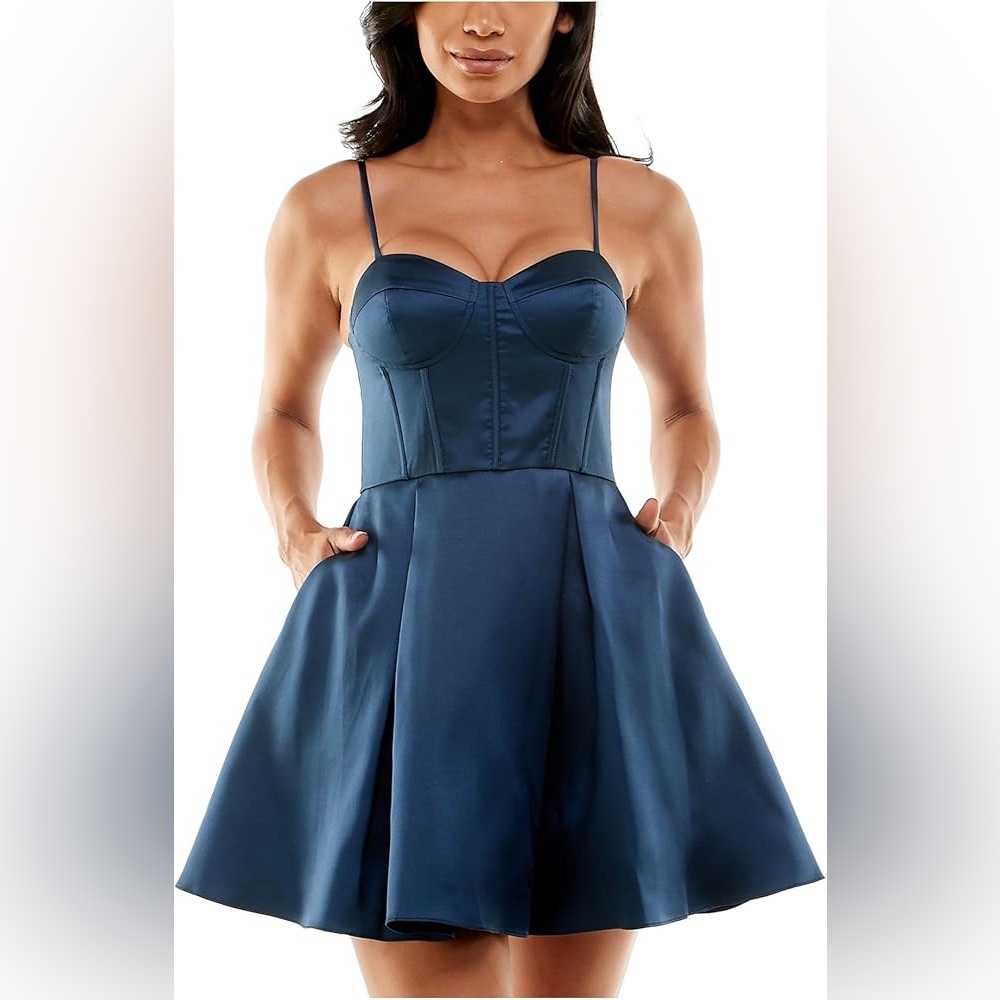 B. Darlin Juniors Satin Corset Seamed Fit & Flare Dress Navy Blue Sz 7/8 NWT